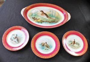 Antq LS&S CARLSBAD AUSTRIA Maroon Gold GAME BIRD Set 3 Salad Plates Oval Platter - Picture 1 of 1