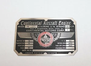 C90, Continental Motors Engine Data Plate, Aeronca Piper Cub Cessna 140 ENGRAVED - Picture 1 of 1