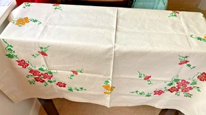 MANTEL DE LINO IRLANDÉS MARFIL VINTAGE ~ 42" X 42" ~ INUSUAL PINTADO A MANO FLORAL - Imagen 1 de 3