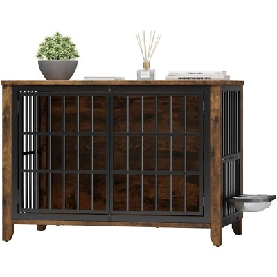 Canil de madeira para caixas de cachorro 37,7 pol. com tigelas ajustáveis 360° marrom - Imagem 1 de 4