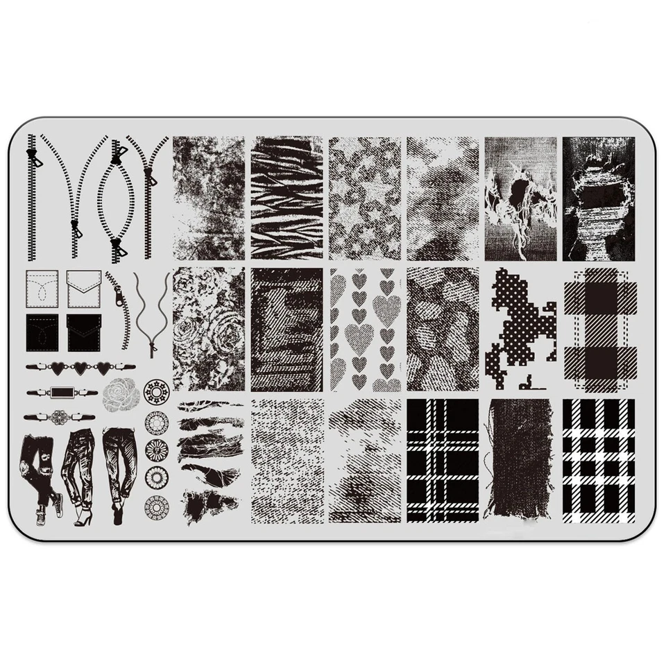 LOVENAILS XXL Jeans Stamping Schablone Platte Nailart Stoff Knöpfe Tasche Reissverschluss