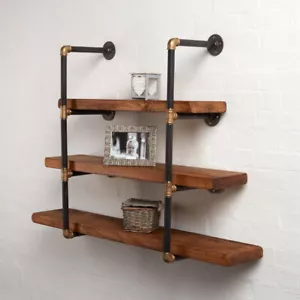 Shelving Display Unit Solid Wooden Shelves Industrial Metal Black & Brass Style - Picture 1 of 6