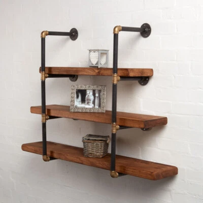 Shelving Display Unit Solid Wooden Shelves Industrial Metal Black & Brass Style - Image 1 of 4