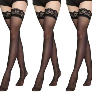 3 Pairs Ultra-thin Hot Lace Thigh High Stockings Sheer Over The Knee O/S NWT - Picture 1 of 3