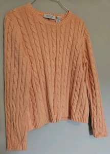 EMANUEL UNGARO Crew Neck Cable Knit Fisherman Sweater Petite Large 100% Cotton - Picture 1 of 3