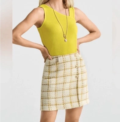 Falda Cabi Coco 6362 Talla 10 Boucle Blanca Amarilla Usada en Excelente Condición Tweed Desplazado Ropa de Oficina Foto 1 de 4