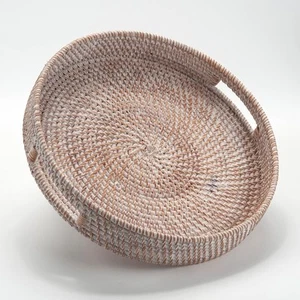 Coffee Table Tray Round Rattan Ottoman Woven Serving 14", Whitewash - Picture 1 of 9
