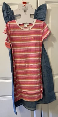 Paquete de 2 vestidos Roxy para niñas manga corta rosa a rayas y azul denim suave 10/12 Foto 1 de 4