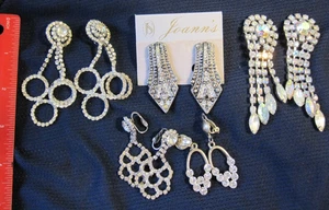 VINTAGE LOT 5 Clip-on Costume Silver Tone Rhinestone Jewelry Dangle Earrings - Bild 1 von 7