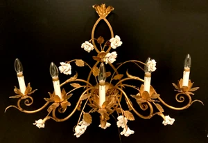 VTG ITALIAN Gold Gilt White PORCELAIN Roses Wall 5 Light SCONCE Stunning Quality - Picture 1 of 23