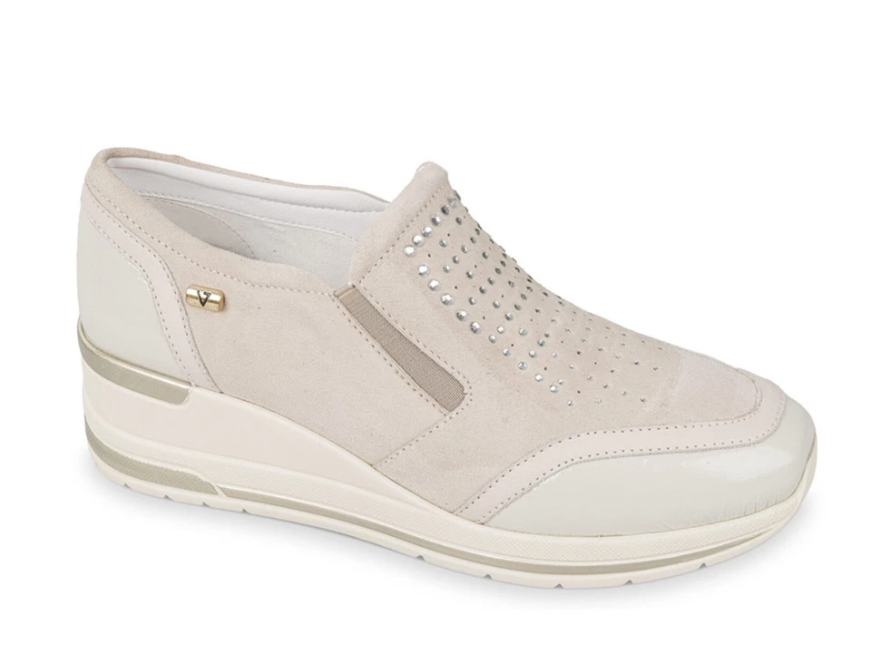 Mocassini slip-on Valleverde 36452 pelle e camoscio beige zeppa 5 cm SCONTO