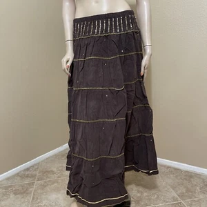 Women’s Brown Cotton Casual Boho Beaded Ruffle Hippie Velvet Size L Skirt - Picture 1 of 12