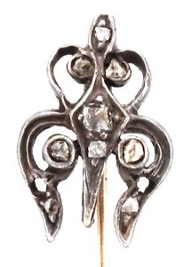 Antique Late Victorian Gold Old Cut Diamond Swirl Motif Stick Tie Pin c1900