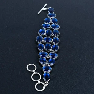 925 Sterling Silver Blue Sapphire Gemstone Handmade Jewelry Bracelet Size-8" - Picture 1 of 10