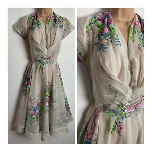 Vintage Early 1950s Semi Sheer Nylon White Pink Blue Floral Pretty Tea Dress 6-8