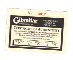 Aurelio Rodriguez Certificate of Authenticity, COA, Detroit Tigers, 1999