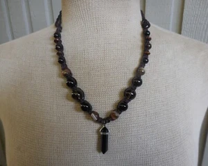 Onyx Double Terminated Adjustable Hemp Necklace Banded Agate Smoky Quartz Beads - Picture 1 of 14