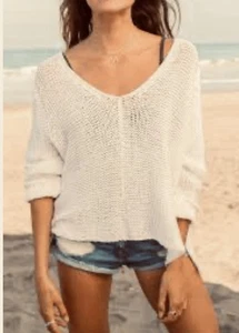 WOODEN SHIPS Maui Cropped V-Neck Open Knit Sweater Ivory White Size S/M - Picture 1 of 6
