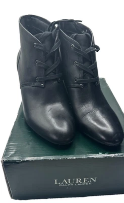 Lauren Ralph Lauren Tamia на танкетке лодыжки ботинок женщин размер 8B черный кожаный ботинок - Изображение 1 из 4