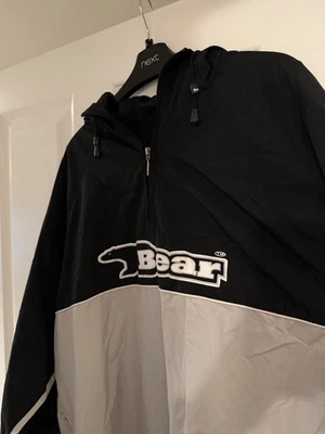90s BEAR USA vintage rain coat quarter zip jacket, black and grey, rare. - Image 1 of 4