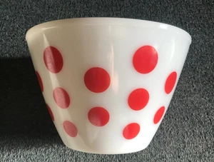 Fire King Large Red Polka Dot Mixing Bowl 9.5" x 6" White Milk Glass Oven Ware - Picture 1 of 6