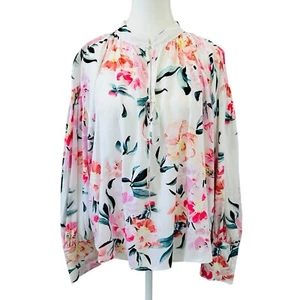Jaase Blouse Top Sz L Floral White Blouson Boho Gypsy Peasant - Picture 1 of 8