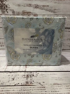Feather & Stitch NY 100% Cotton Percale 4 PC Queen Size Sheet Set 300 Thread - Picture 1 of 8