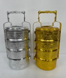Vintage Thai Chor Kanok Design Gold Aluminium Pinto Silver Food Carrier 14 cm - Picture 1 of 40