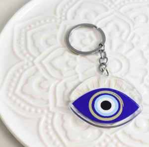 Greek Turkish Blue Evil Eye Acrylic Keyring Blue Key Ring Silver Keychain - Picture 1 of 3