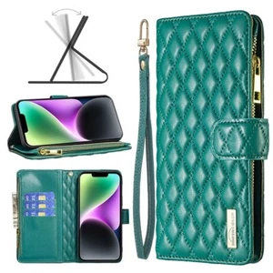 For Apple iPhone 13 14 Pro Max Diamond Quilted Leather Zipper Wallet Case - Photo 1 sur 29