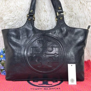 TORY BURCH Bombe Logo Tote Shoulder Bag Handbag Leather Black Authentic Used - Picture 1 of 10