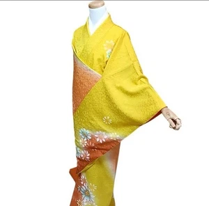 Japanese kimono FURISODE.pure silk.Embroidery.yellow red brown164cm. - Picture 1 of 10
