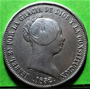 ISABEL II, 20 Reales, 1852, SEVILLA, Silver, SPAIN - Picture 1 of 2