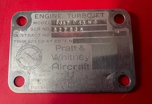 PRATT & WHITNEY J-57 TURBO JET ENGINE DATA PLATE- B-52 - Picture 1 of 7