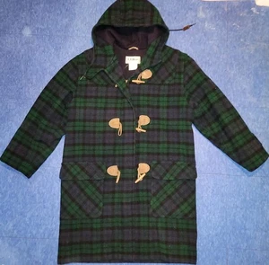 VTG L.L. Bean size XL 1X Classic Wool Duffel Coat Woman's Blue Green Plaid - Picture 1 of 5
