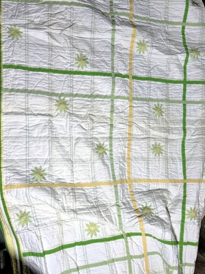 Pottery Barn Kids Green Yellow Embroidered Anna Floral Stripe Twin Quilt Stains - Image 1 of 4