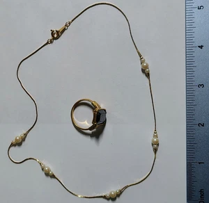 Vintage Avon Gold-Tone Pearl Necklace & Black Stone Ring Set – Timeless Elegance - Picture 1 of 5