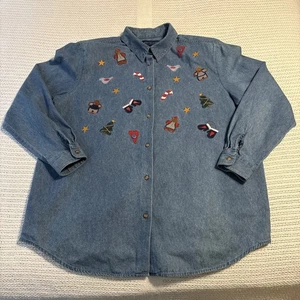 Vintage Karen Scott Denim Button-up Embroidered Christmas Shirt Large. Has Stain - Picture 1 of 12