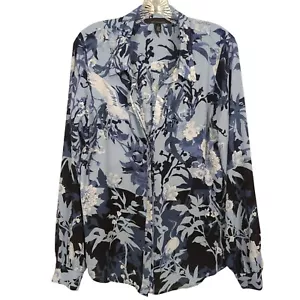 Blusa Azul Casa Blanca Mercado Negro Manga Larga Botones Estampado Grúa Floral L - Imagen 1 de 16
