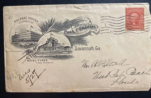 1908 Savanna GA Usa Advertising Cover To West Plan Beach FL Hotel Tybee - Picture 1 of 2