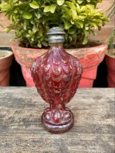 Old Rare Antique Red Eagle Bird Figure Perfume Bottle Brass Floral Cap Empty - Picture 1 of 12