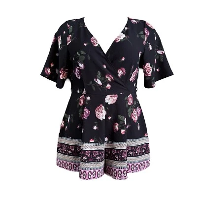 TRIXXI 黑色花卉波西米亚连身裤女式大号露背交叉 V 领 * — 第 1/4 张图片