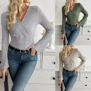 Slim Fit Party Women V-Neck Tops Ladies Long Sleeve Casual Shirt Blouse Pullover - Picture 1 of 20