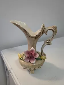 Beautiful Italian Capodimonte 9” Vase Handled & Footed Pink Flowers & Stamp - Picture 1 of 13
