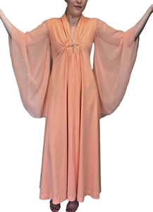 Vintage 70s Orange Peach Evening Gown Sheer Butterfly Sleeves Plunge Neckline - Picture 1 of 12