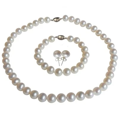 20 Inch Set Premium ROUND 9-10mm White Pearl Necklace Bracelet Earrings Cultured - Image 1 of 4