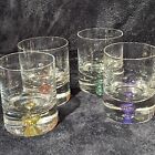 NEW Set Of 4 Glass Bubble Bottom Low Ball Clear With Red Yellow Purple Green 4in