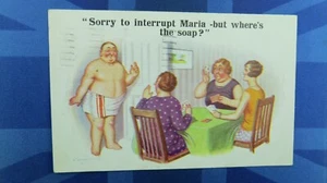 Donald McGill Comic Postkarte 1935 Spielkarten Bad Akt Mann WO IST DIE SEIFE - Bild 1 von 2