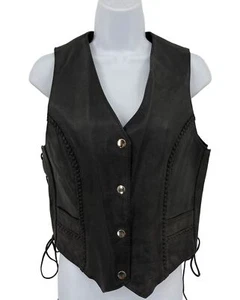 First Classics Vest Womens Small Genuine Leather Lace Up Moto Snap Biker Black - Picture 1 of 10