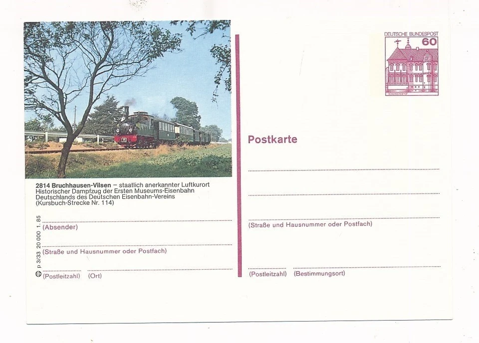 D334248 Alemania Papelería Postal Como Nueva Sin Usar, Locomotora Bruchhausen Vilsen Foto 1 de 1